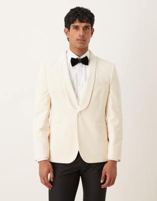 ASOS DESIGN slim suit tuxedo blazer in cream cotton velvet-White
