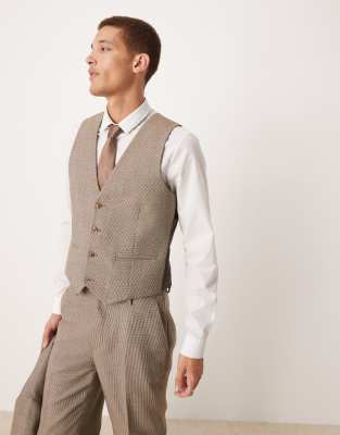 slim suit vest in brown wool mix basketweave