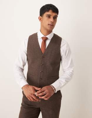 slim suit vest in brown wool mix flannel