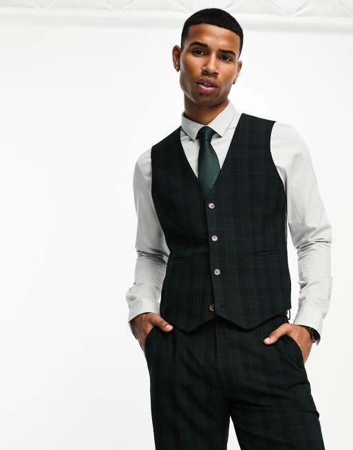 ASOS DESIGN slim suit vest in forest green check