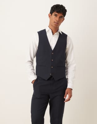 slim suit vest in navy herringbone wool look