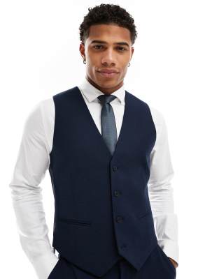 Asos Design Slim Suit Vest In Navy Microtexture