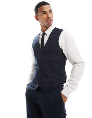 slim suit vest in navy tonal plaid