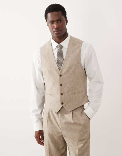 ASOS DESIGN slim suit vest in stone linen blend - view 1