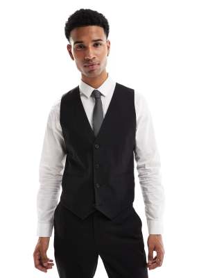 slim suit vest in subtle black herringbone-Brown