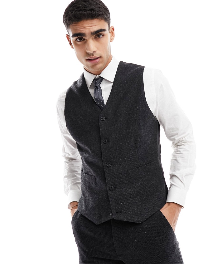 Asos Design Slim Suit Vest In Wool Mix Texture In Black