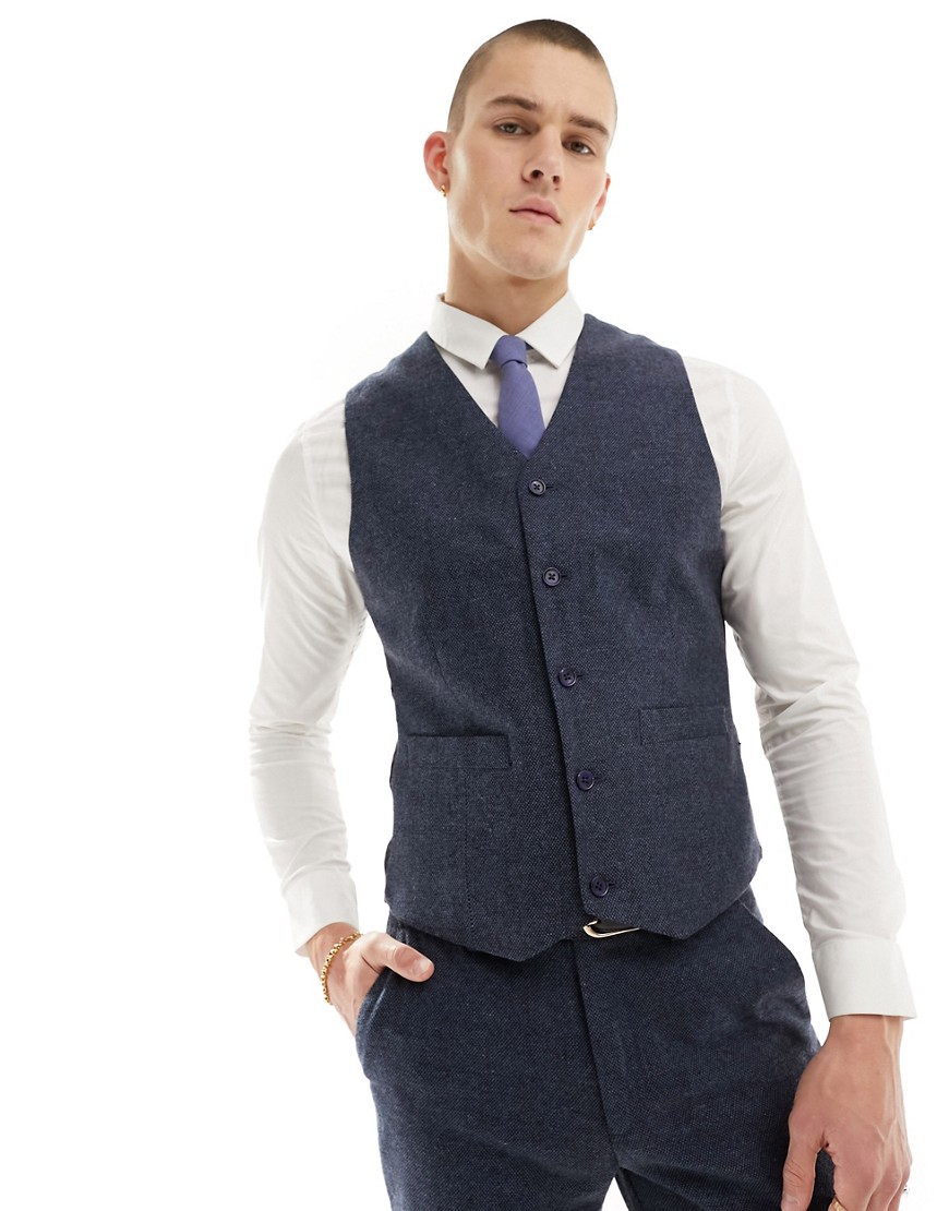Asos Design Slim Suit Vest In Wool-mix Texture In Navy