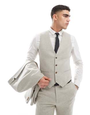 slim suit vest with wool in stone tweed-Neutral