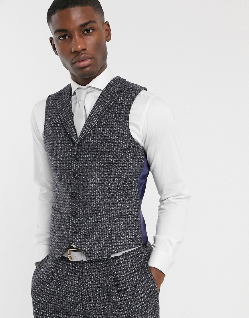 ASOS DESIGN slim suit waistcoast in blue and grey 100% lambswool tweed