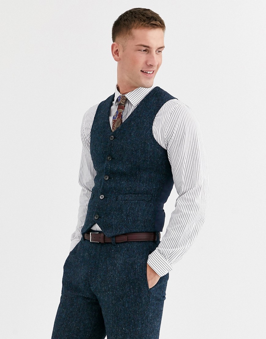 ASOS DESIGN slim suit waistcoat in 100% wool Harris Tweed in blue herringbone-Blues