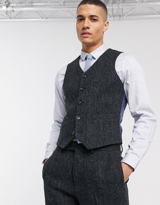 ASOS DESIGN slim suit waistcoat in 100% wool Harris Tweed in charcoal herringbone