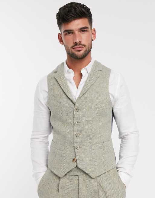 ASOS DESIGN slim suit waistcoat in 100% wool Harris Tweed in stone herringbone