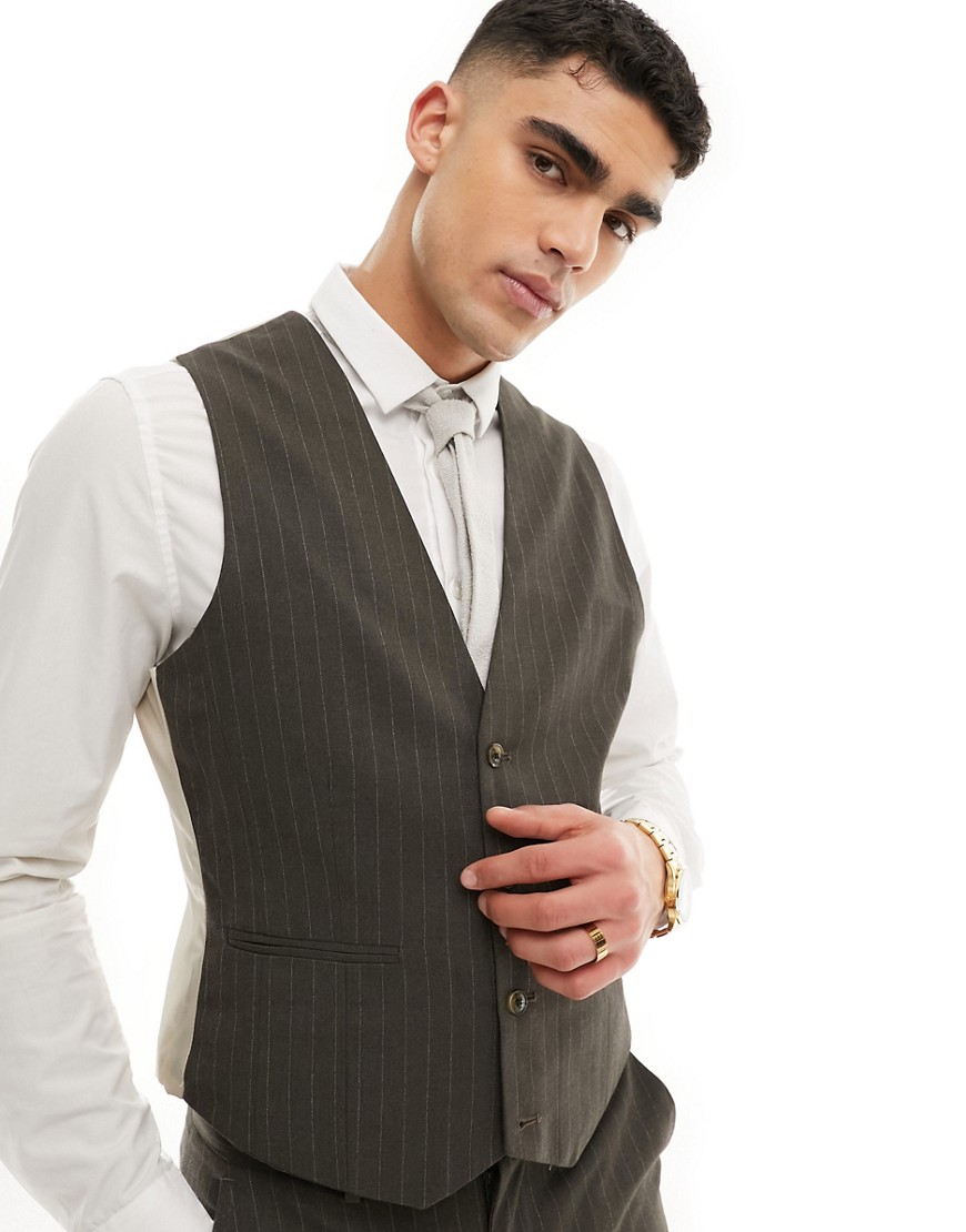 ASOS DESIGN slim suit waistcoat in brown pinstripe