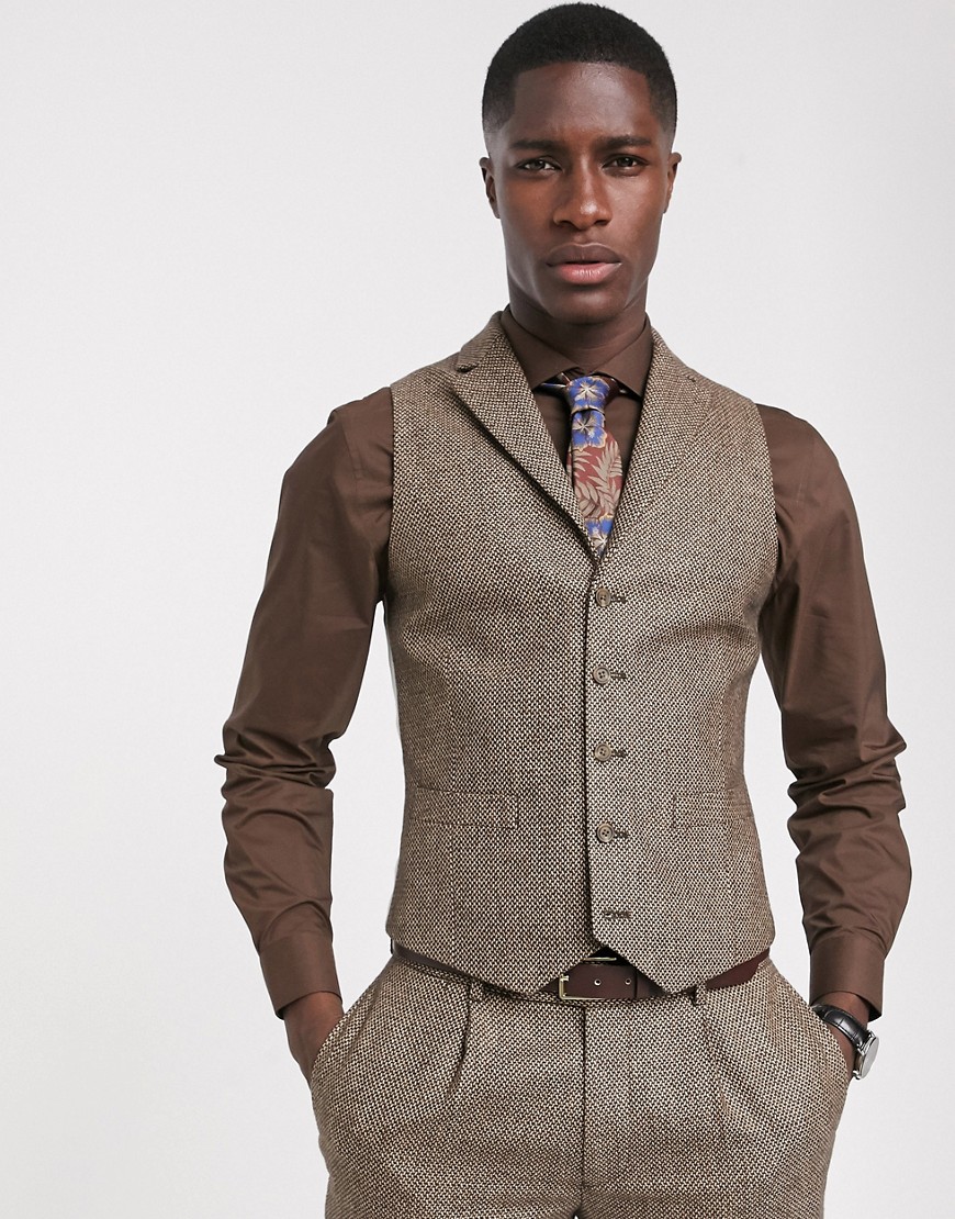 ASOS DESIGN slim suit waistcoat in brown tweed