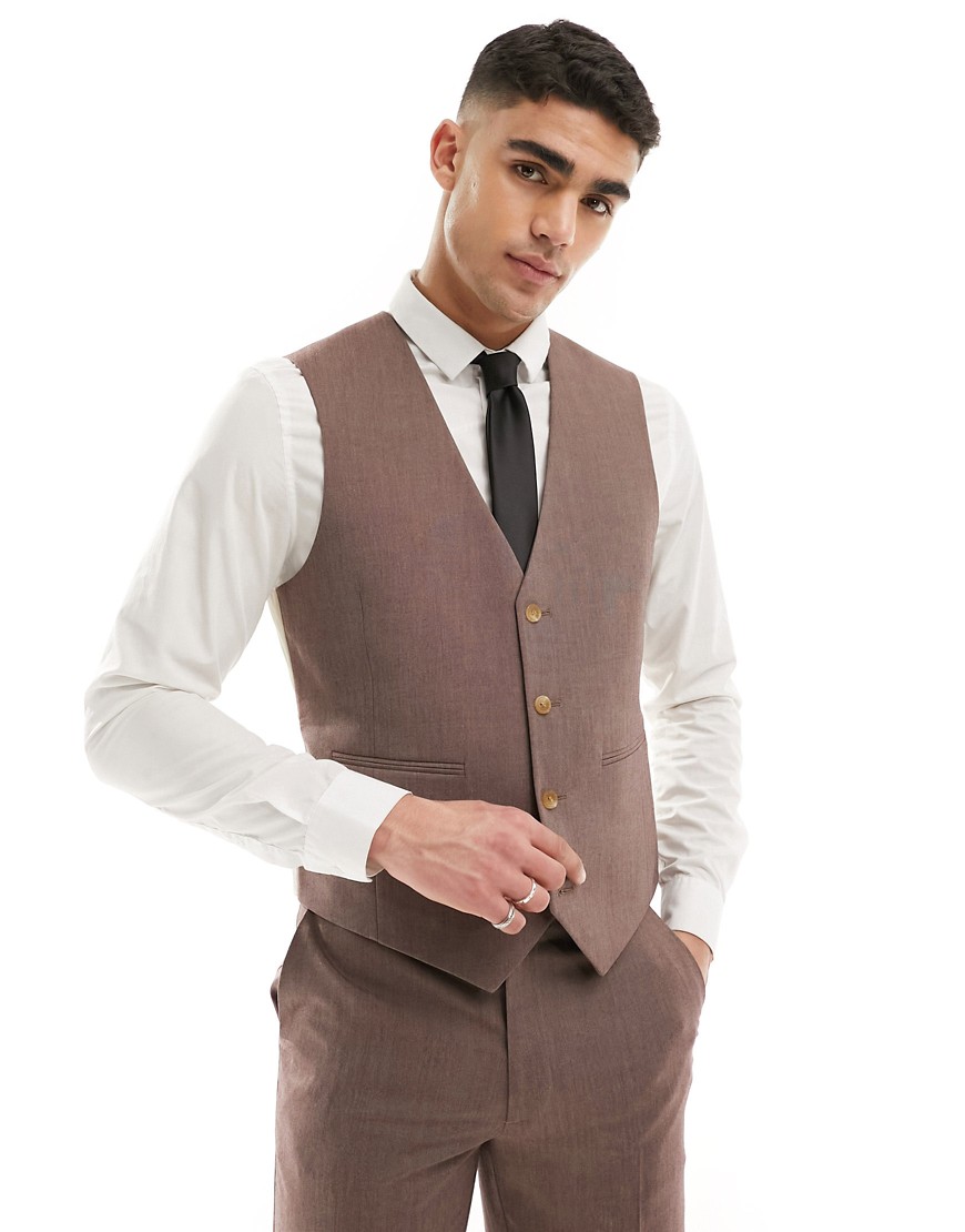 ASOS DESIGN slim suit waistcoat in brown-Neutral