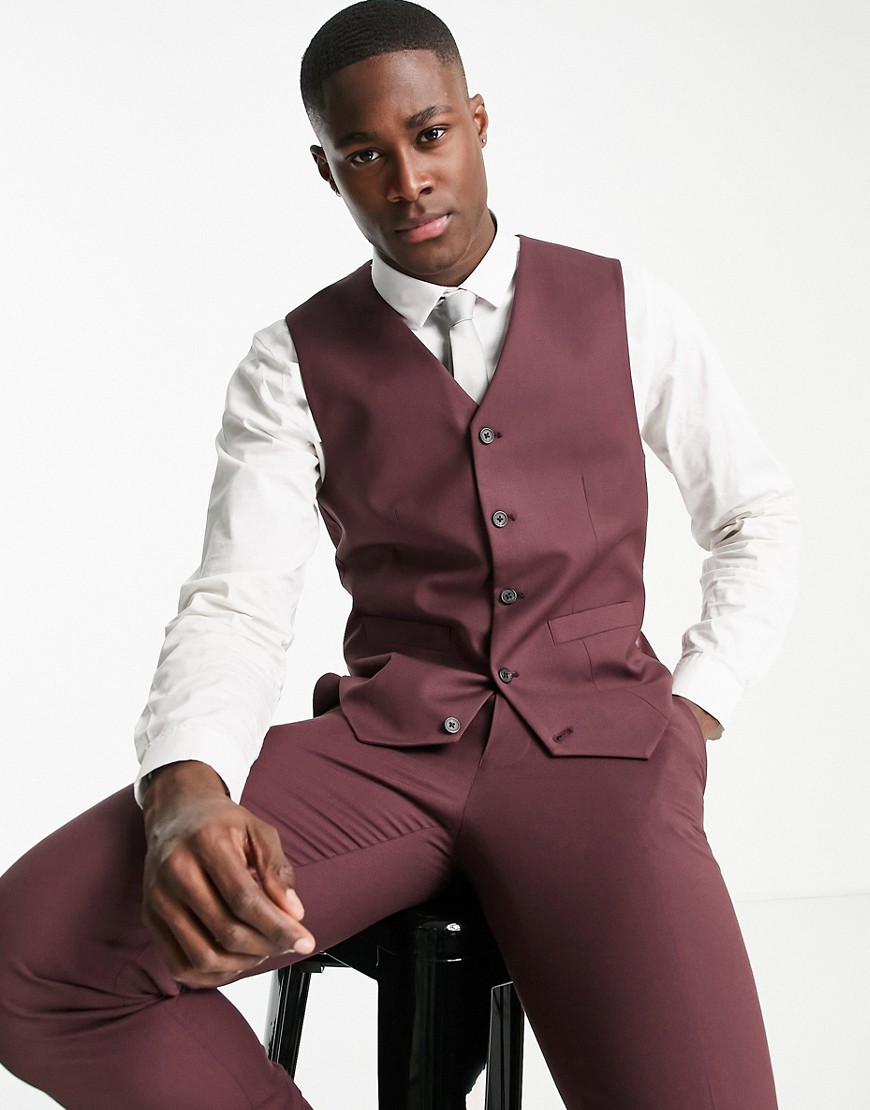 ASOS DESIGN slim suit waistcoat in burgundy-Red