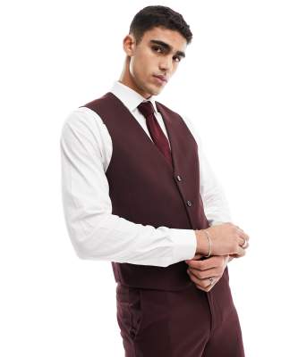 Asos Design Slim Suit Waistcoat In Burgundy-red