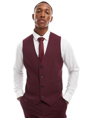 Asos Design Skinny Suit Waistcoat In Burgundy-red