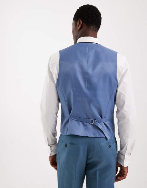 ASOS DESIGN slim suit waistcoat in linen rich mid blue twill, 3 of 5