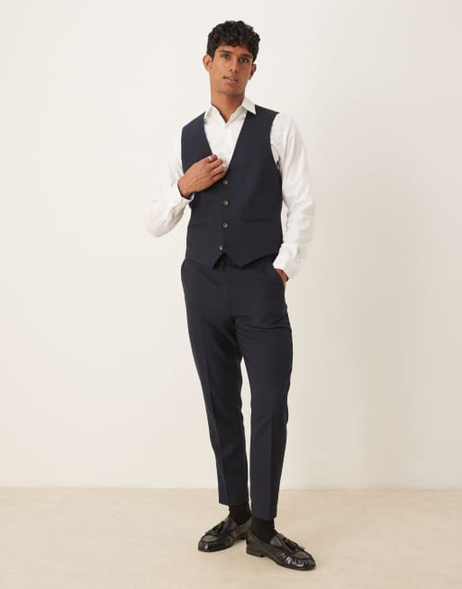 ASOS DESIGN slim suit waistcoat in navy herringbone wool look, 2 of 5