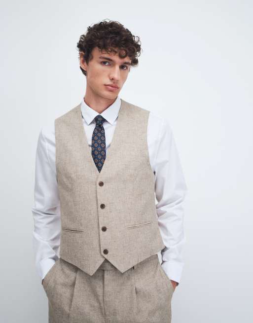 ASOS DESIGN slim suit waistcoat in stone linen blend, 3 of 9