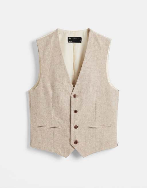 ASOS DESIGN slim suit waistcoat in stone linen blend, 6 of 9