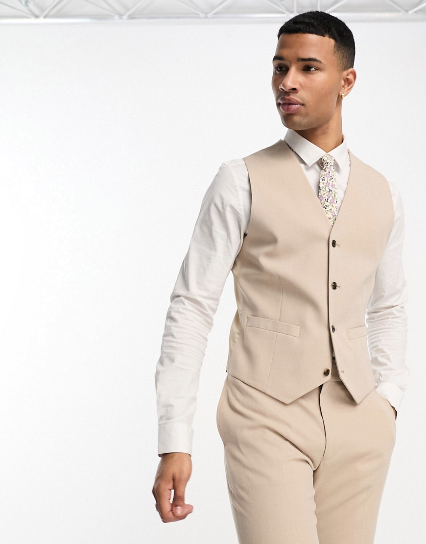ASOS DESIGN slim suit waistcoat in taupe micro texture-Brown