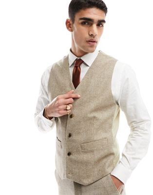 ASOS DESIGN slim suit waistcoat in wool mix texture in stone