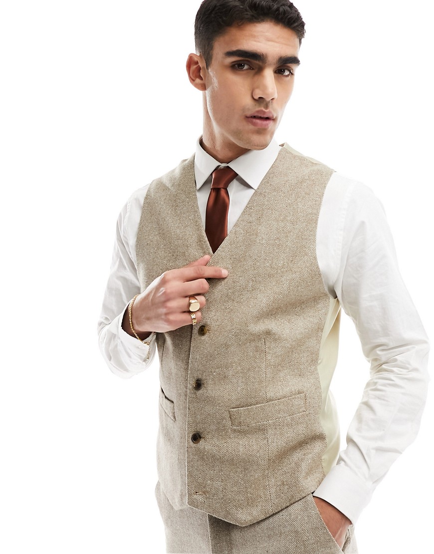 ASOS DESIGN slim suit waistcoat in wool mix texture in stone-Neutral