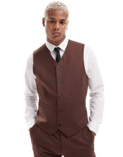 ASOS DESIGN slim suit waistcoat with linen in brown - view 1