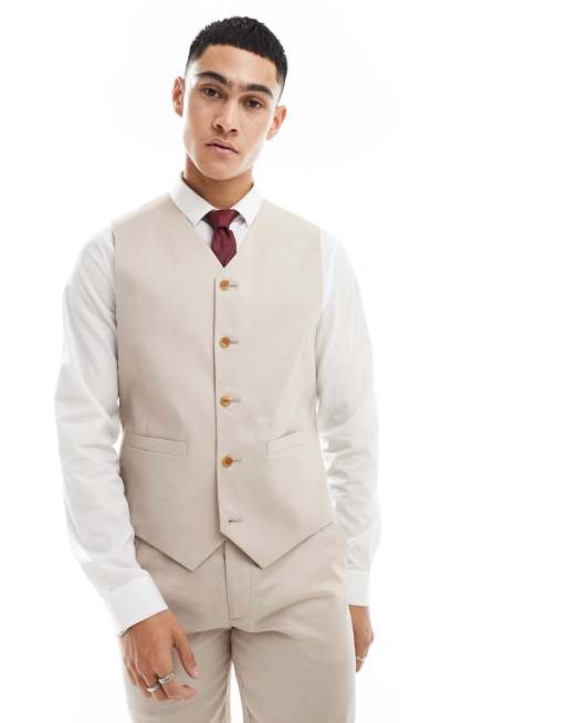 ASOS DESIGN slim suit waistcoat with linen in stone