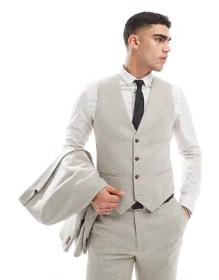 ASOS DESIGN ASOS DESIGN slim suit waistcoat with wool in stone tweed-Neutral