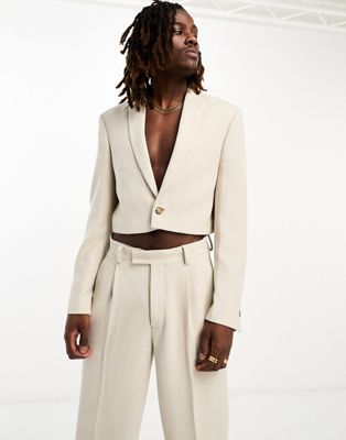 ASOS DESIGN slim super cropped suit jacket in beige textured jersey-Neutral