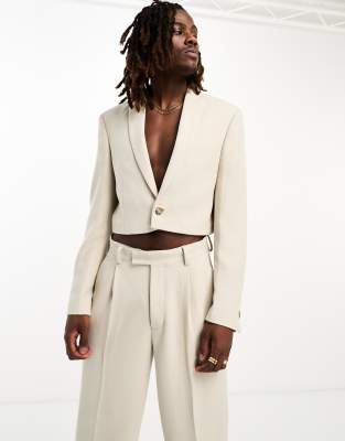 ASOS DESIGN slim super cropped suit jacket in beige textured jersey