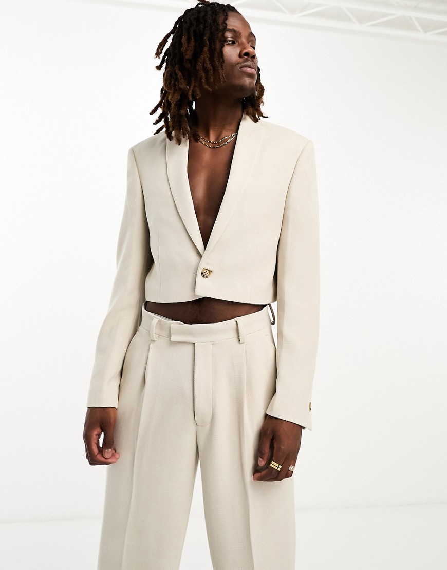 ASOS DESIGN slim super cropped suit jacket in beige textured jersey-Neutral