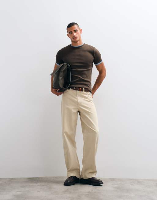 ASOS DESIGN slim T-shirt met contrast in bruin rib, 4 van 5