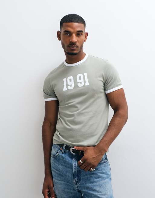 ASOS DESIGN slim t-shirt with 1991 graphic and double layer sleeves in green, 2 of 5