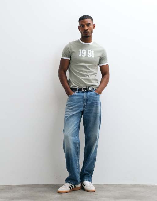 ASOS DESIGN slim t-shirt with 1991 graphic and double layer sleeves in green, 4 of 5