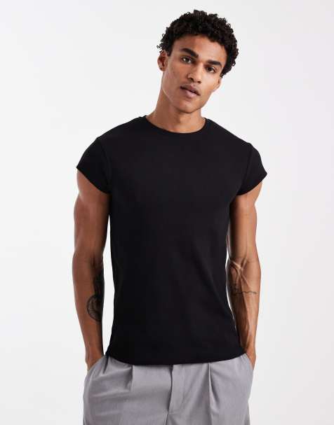 ASOS DESIGN slim t-shirt with cap sleeve in black rib - view 1