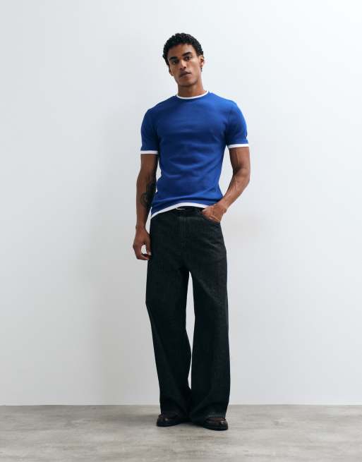 ASOS DESIGN slim t-shirt with double layer in blue and white rib, 2 of 5