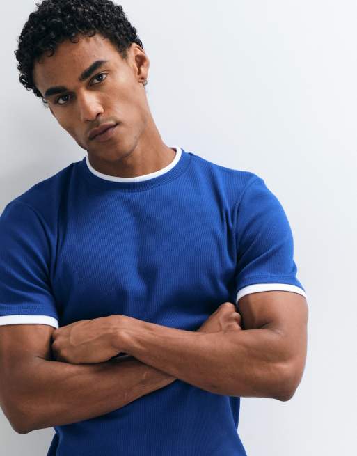 ASOS DESIGN slim t-shirt with double layer in blue and white rib, 3 of 5