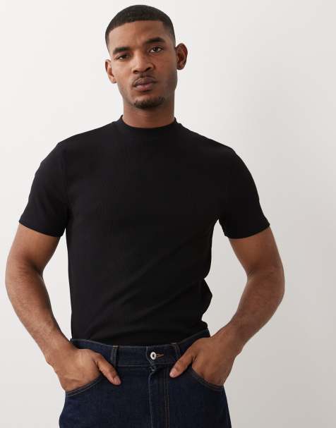ASOS DESIGN slim t-shirt with high neck in black rib - view 1