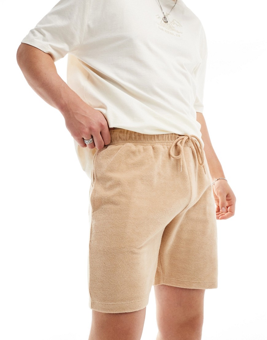 Asos Design Slim Terrycloth Shorts In Beige-neutral