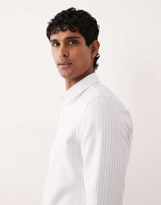 ASOS DESIGN slim textured stripe shirt in white, 4 of 5