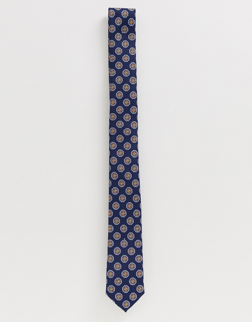 ASOS DESIGN slim textured tie in navy geo print-Multi