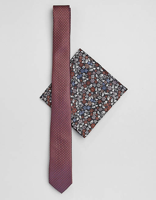 ASOS DESIGN slim textured wedding tie in rust with floral pocket square