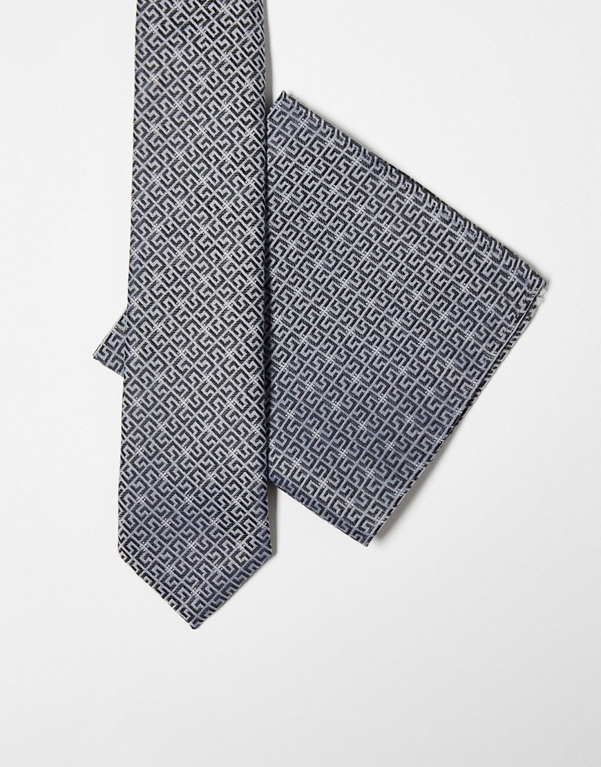 ASOS DESIGN slim tie and pocket square in black and sliver retro geo-Multi