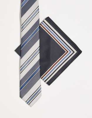 ASOS DESIGN slim tie and pocket square in blue and cream retro stripe-Multi φωτογραφία