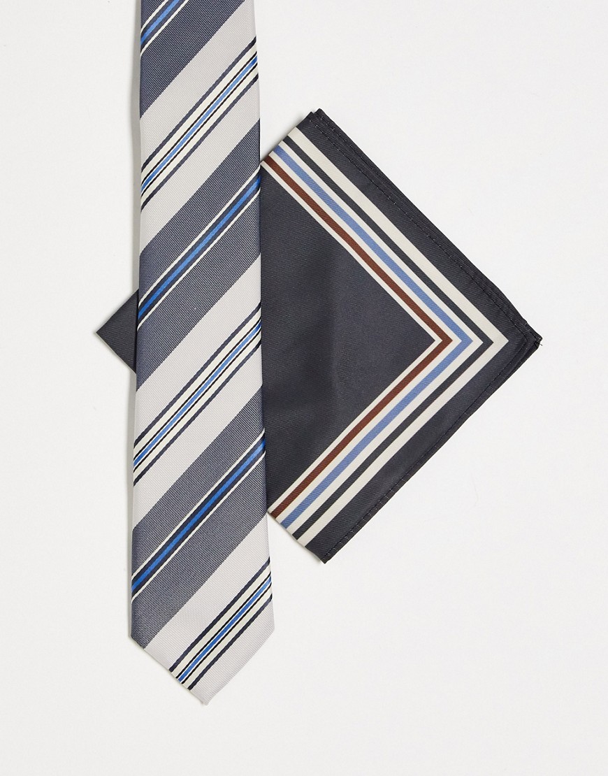 ASOS DESIGN slim tie and pocket square in blue and cream retro stripe-Multi