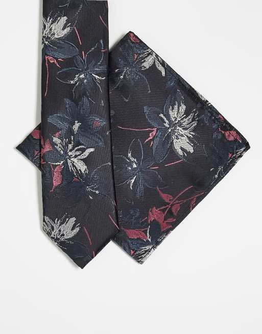 ASOS DESIGN slim tie and pocket square in dark based floral 